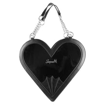 Load image into Gallery viewer, front view of heart shaped glossy black bag with a stitched spiderweb design at the bottom, chain link hardware and faux leather straps.
