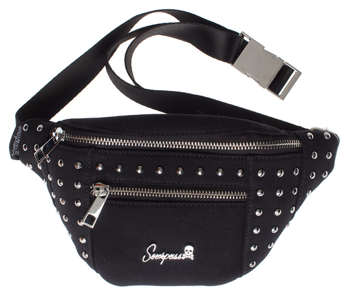 front view of Black canvas fanny pack features a durable canvas body accented by stud detailing. Zip closure, with interior and exterior zippered pockets, and an adjustable nylon strap with metal buckle. Fanny pack has additional front zipper pocket, and additional back zipper pocket.