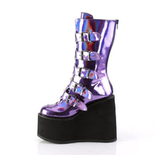 Load image into Gallery viewer, inner side view of vegan vinyl purple hologram 5 1/2&quot; wedge platform Mid-calf boot Features 5 buckle straps w/ heart shaped metal plates at center with back metal zip closure
