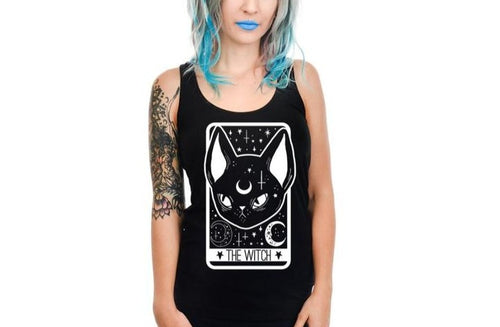women's Black tank top with black cat with half moon on head, tarot card design with text on the bottom that reads 