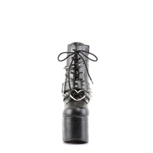 Load image into Gallery viewer, front view of black vegan leather 5 1/2&quot; heel 3&quot; platform Lace-up front Ankle boot Features wrap around buckled straps with spikes &amp; eyelets and heart O-ring on vamp with Inside zip closure
