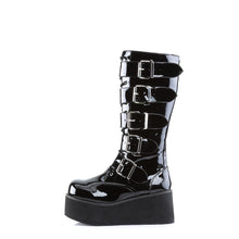 Load image into Gallery viewer, outer side view of black vinyl patent shiny 3 1/4&quot; platform Goth punk style knee high boot with 5 adjustable buckle straps from top to bottom with full inner side zipper
