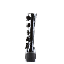 Load image into Gallery viewer, back side view of black vinyl patent shiny 3 1/4&quot; platform Goth punk style knee high boot with 5 adjustable buckle straps from top to bottom with full inner side zipper
