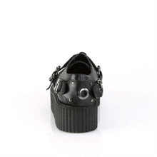 Load image into Gallery viewer, back side view of black vegan leather 2 inch platform creeper with O ring design on the front and adjustable straps on both sides of front of shoe, with hidden lace up underneath and bat ring adjustable strap on outside of shoe. has secret hidden coffin shaped compartment underneath sole cover inside shoe
