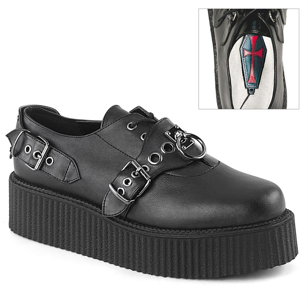 right side view of black vegan leather 2 inch platform creeper with O ring design on the front and adjustable straps on both sides of front of shoe, with hidden lace up underneath and bat ring adjustable strap on outside of shoe. has secret hidden coffin shaped compartment underneath sole cover inside shoe