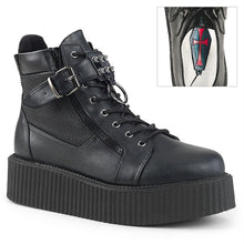 Load image into Gallery viewer, right side view of black vegan leather 2&quot; platform lace-up oxford creeper bootie shoe, buckle strap w/ cone spike studded metal plate &amp; o-ring details, zipper details up the back w/ exposed outer and inner zippers
