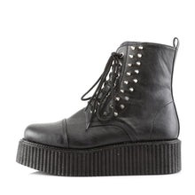 Load image into Gallery viewer, left side view of black vegan leather 2&quot; platform Lace-up front creeper ankle boot w/ spikes at outer side and full inside zip closure. has hidden coffin shaped stash box underneath sole cover inside shoe
