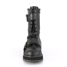 Load image into Gallery viewer, front side view of black vegan leather 1 1/2&quot; platform Lace-up front With harness strap on the side, Ornamental metal zipper at the outer side with 2 buckle straps. And inside metal zip closure
