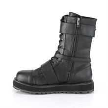 Load image into Gallery viewer, inner side view of black vegan leather 1 1/2&quot; platform Lace-up front With harness strap on the side, Ornamental metal zipper at the outer side with 2 buckle straps. And inside metal zip closure
