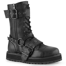 Load image into Gallery viewer, outer side view of black vegan leather 1 1/2&quot; platform Lace-up front With harness strap on the side, Ornamental metal zipper at the outer side with 2 buckle straps. And inside metal zip closure
