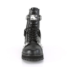 Load image into Gallery viewer, front side view of black vegan leather 1 1/2&quot; platform Lace-up front Features adjustable top strap Silver chrome plated spiked plates at inner &amp; outer sides &amp; at center Outside &amp; back metal zip closure
