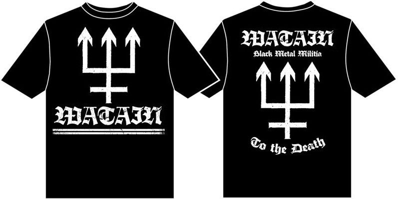  left side of picture is front of black band shirt with watain logo and black metal militia emblem. right side of picture is back of shirt , with text that reads 