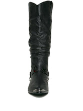 Load image into Gallery viewer, front side of Women&#39;s black vegan leather cowboy boot with attached bootstrap made out of black vegan leather and gunmetal hardware. Bootstrap has O ring on the outer side, detachable chain underneath, and gunmetal crescent moon on front.
