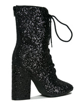 Load image into Gallery viewer, Outer view of Black glitter lace up front bootie boot.
