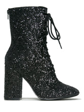 Load image into Gallery viewer, Outer view of Black glitter lace up front bootie boot.
