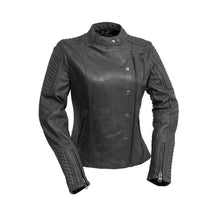 Load image into Gallery viewer, front view of Black leather sheepskin jacket. Jacket is designed to have a classic fit, has zip sleeves, two side hand pockets, one chest pocket and two interior pockets. Jacket is fully lined. 
